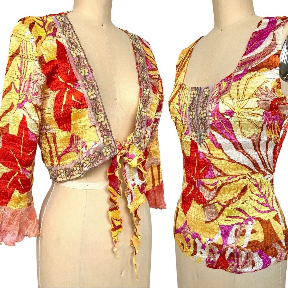 Y2K Alberto Makali 2pc Set Micropleat Tropical Tank Crop Jacket Sequin Beaded